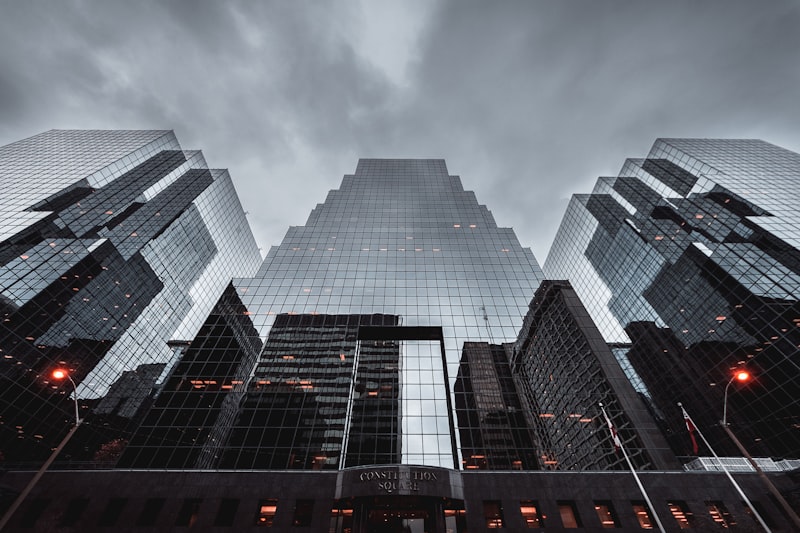 A geometric building facade with repeating patterns and structure
